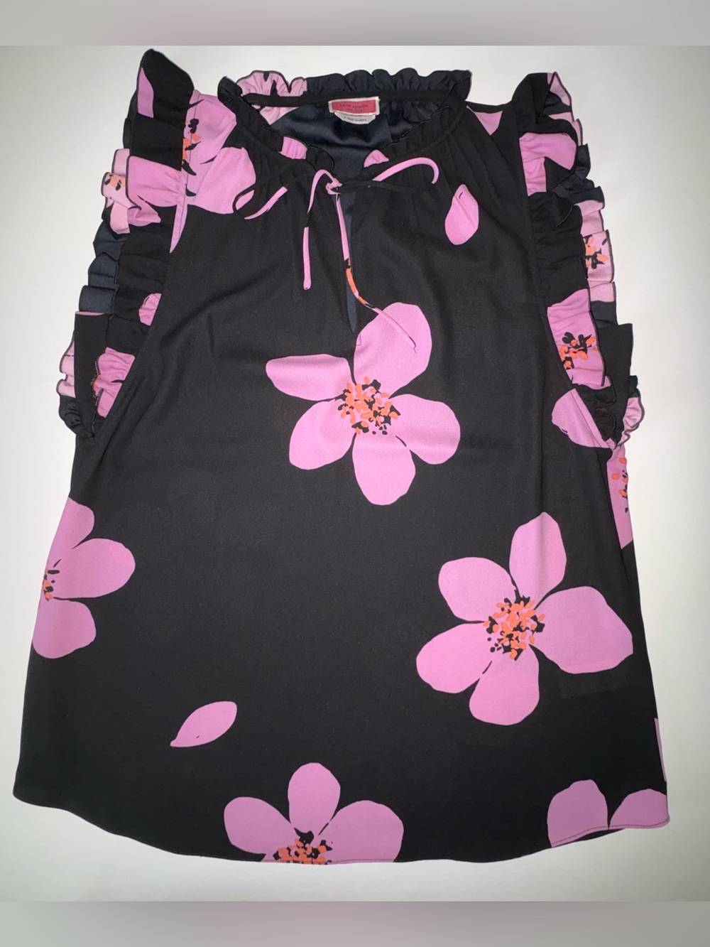 Kate Spade Floral Ruffle Sleeveless Top Black Pink Size S